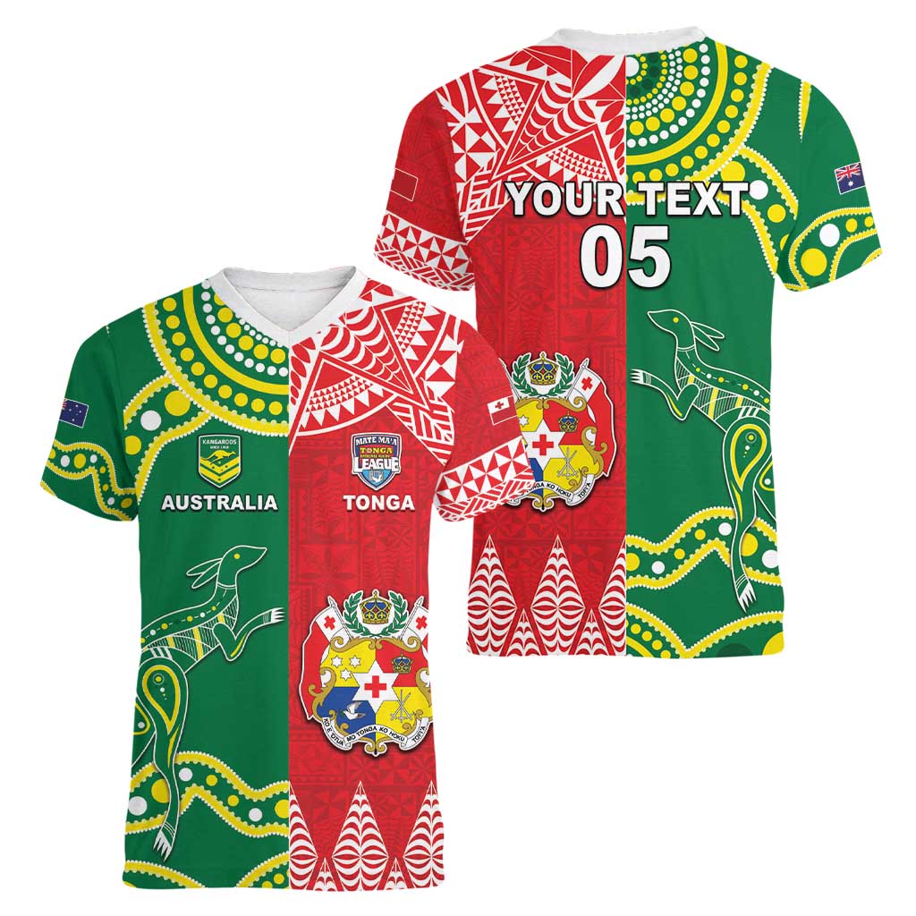 Custom Tonga XIII And Australia Kangaroos Women V-Neck T-Shirt Mate Maa Tongan Ngatu With Aboriginal LT05 - Polynesian Pride