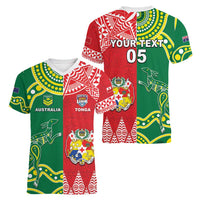 Custom Tonga XIII And Australia Kangaroos Women V-Neck T-Shirt Mate Maa Tongan Ngatu With Aboriginal LT05 - Polynesian Pride