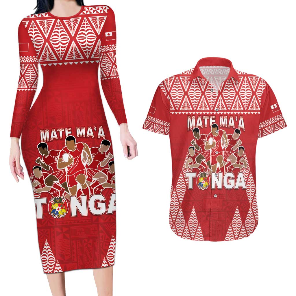 Custom Tonga Rugby Couples Matching Long Sleeve Bodycon Dress and Hawaiian Shirt Tonga Mate Ma'a Take The Lead LT05 Red - Polynesian Pride