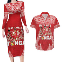Custom Tonga Rugby Couples Matching Long Sleeve Bodycon Dress and Hawaiian Shirt Tonga Mate Ma'a Take The Lead LT05 Red - Polynesian Pride