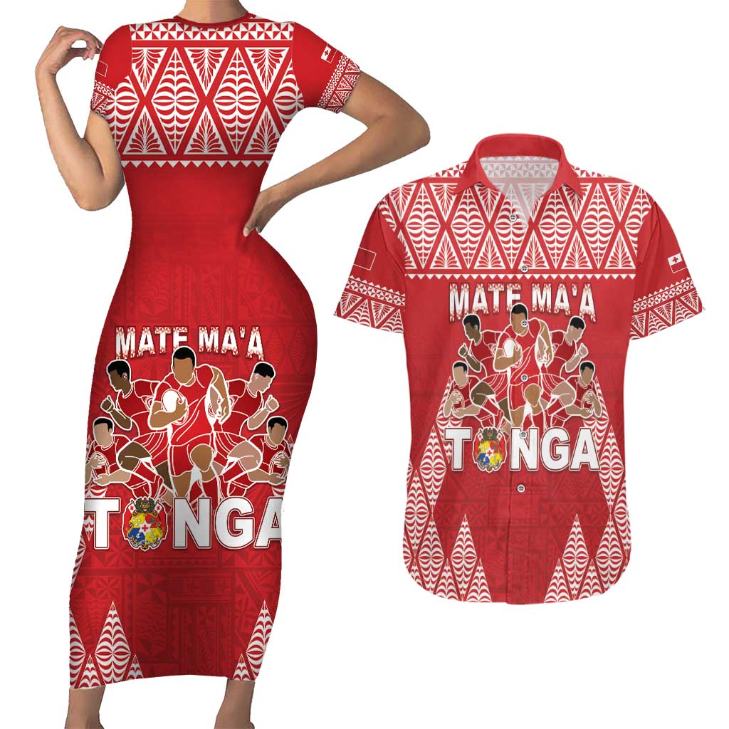 Custom Tonga Rugby Couples Matching Short Sleeve Bodycon Dress and Hawaiian Shirt Tonga Mate Ma'a Take The Lead LT05 Red - Polynesian Pride