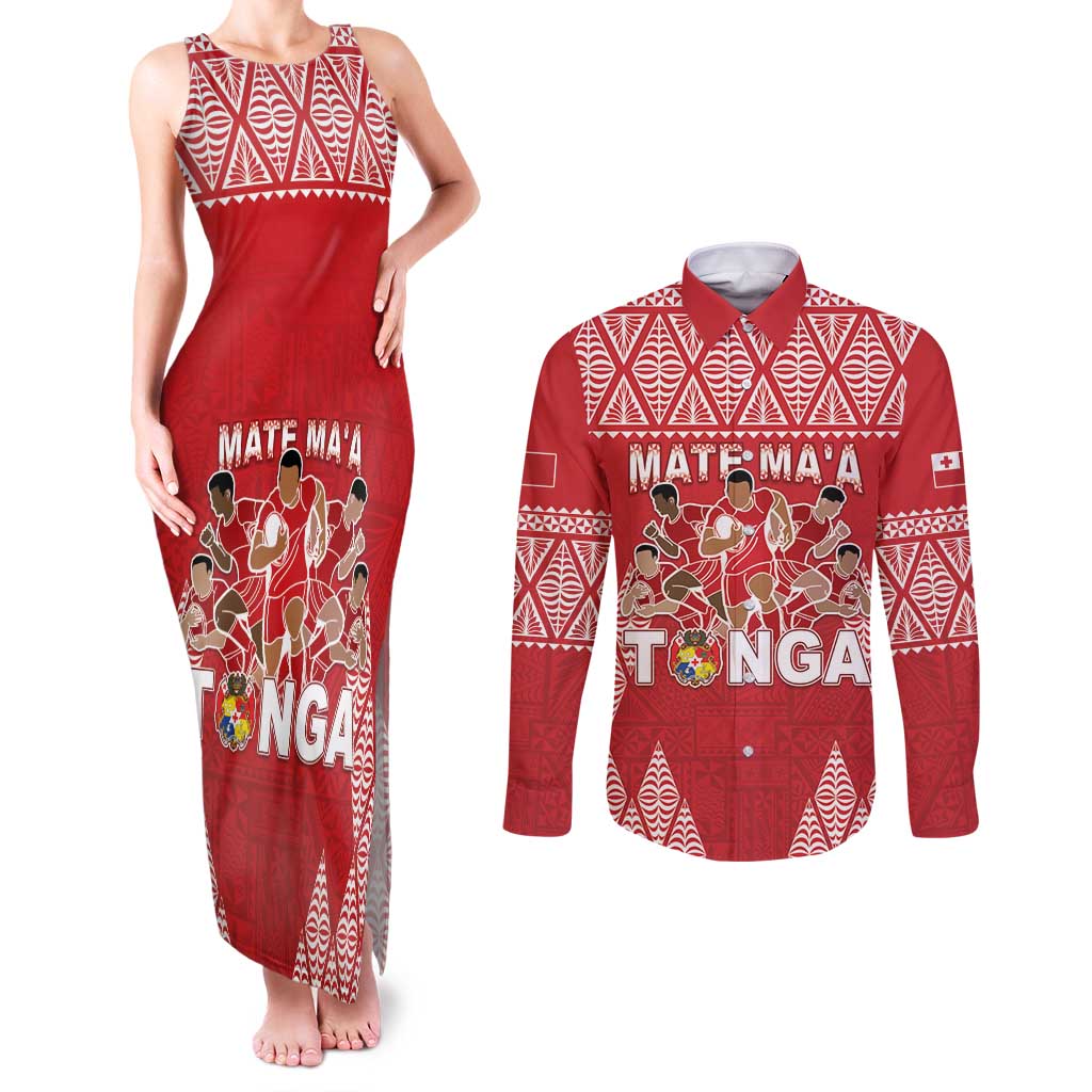 Custom Tonga Rugby Couples Matching Tank Maxi Dress and Long Sleeve Button Shirt Tonga Mate Ma'a Take The Lead LT05 Red - Polynesian Pride