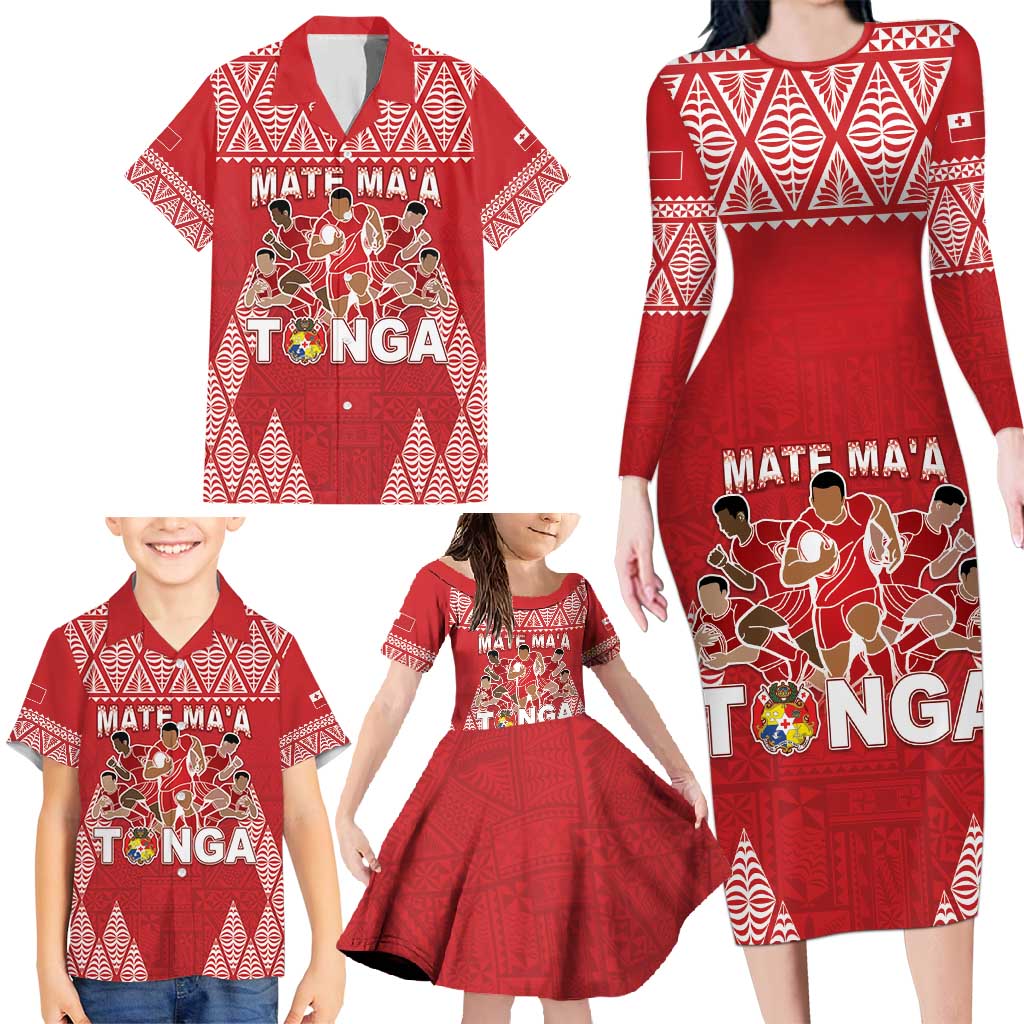 Custom Tonga Rugby Family Matching Long Sleeve Bodycon Dress and Hawaiian Shirt Tonga Mate Ma'a Take The Lead LT05 - Polynesian Pride