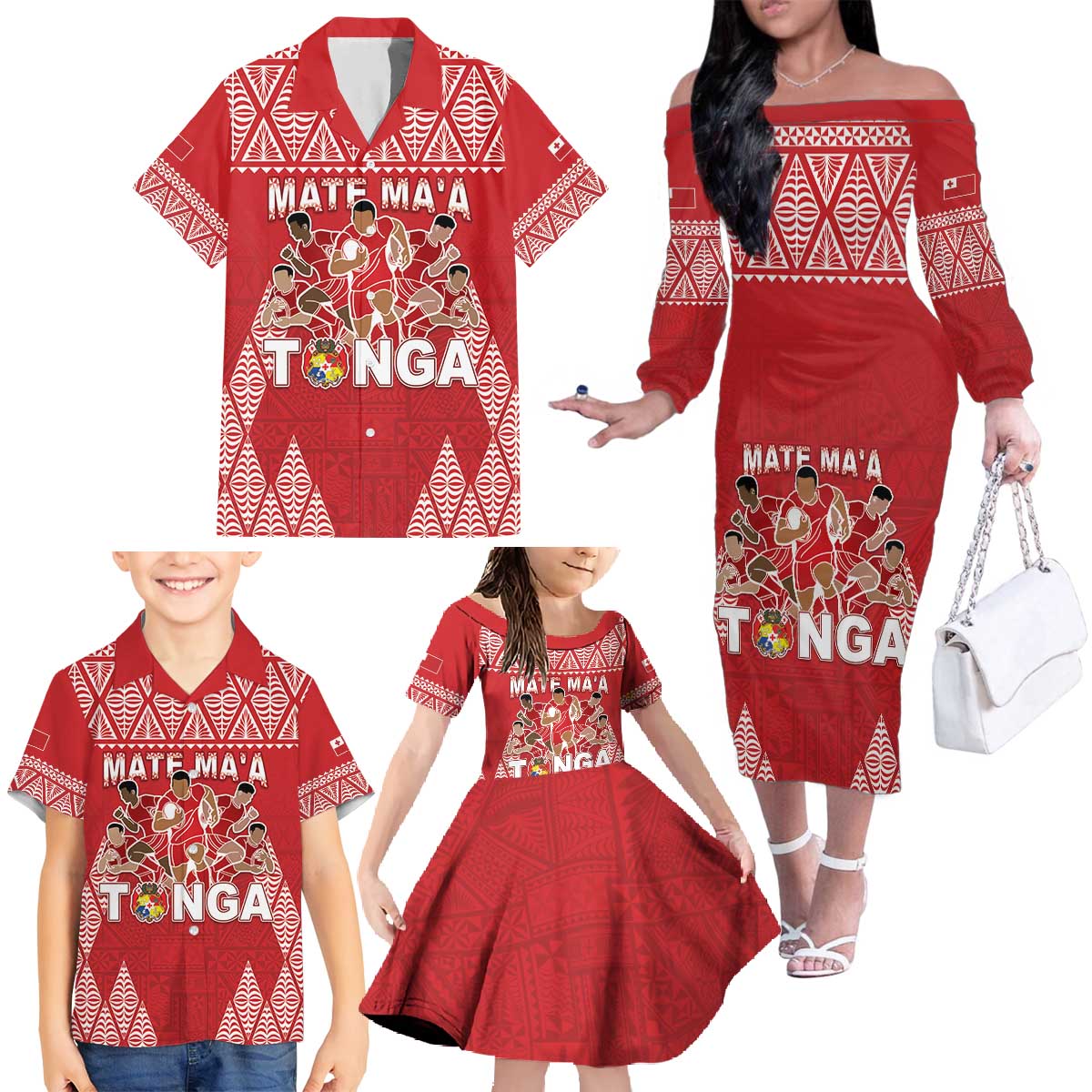 Custom Tonga Rugby Family Matching Off The Shoulder Long Sleeve Dress and Hawaiian Shirt Tonga Mate Ma'a Take The Lead LT05 - Polynesian Pride