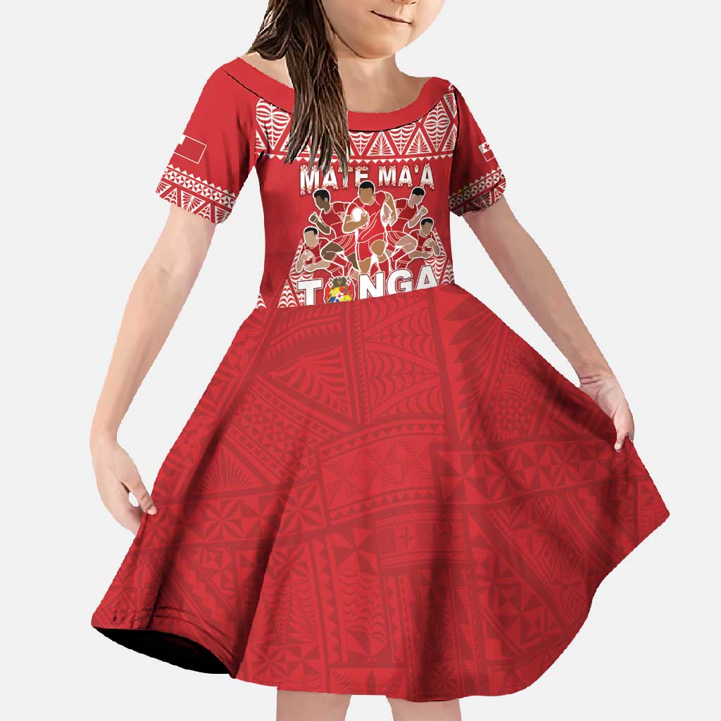 Custom Tonga Rugby Family Matching Off Shoulder Maxi Dress and Hawaiian Shirt Tonga Mate Ma'a Take The Lead LT05 Daughter's Dress Red - Polynesian Pride