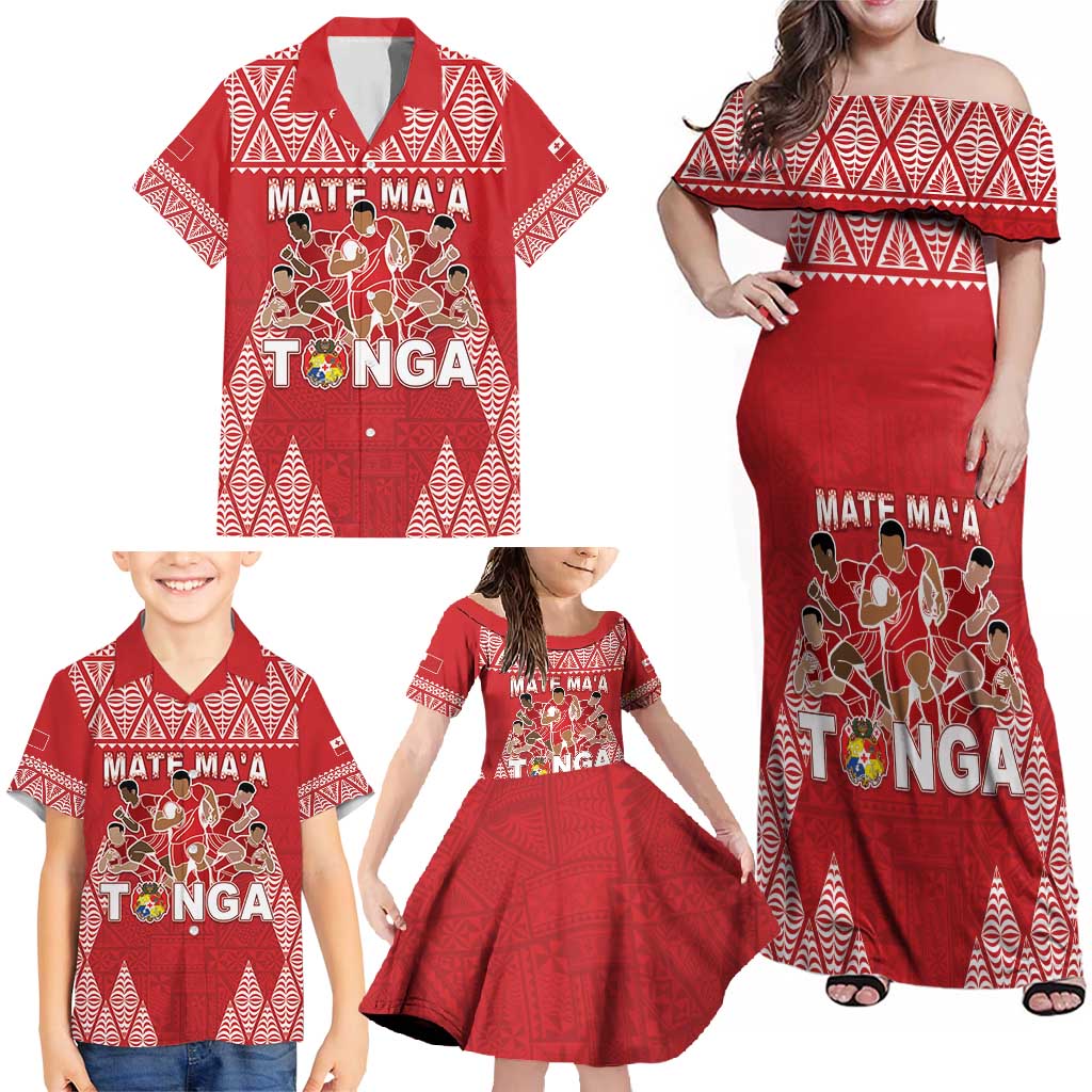 Custom Tonga Rugby Family Matching Off Shoulder Maxi Dress and Hawaiian Shirt Tonga Mate Ma'a Take The Lead LT05 - Polynesian Pride