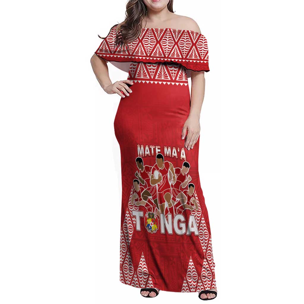 Custom Tonga Rugby Family Matching Off Shoulder Maxi Dress and Hawaiian Shirt Tonga Mate Ma'a Take The Lead LT05 Mom's Dress Red - Polynesian Pride