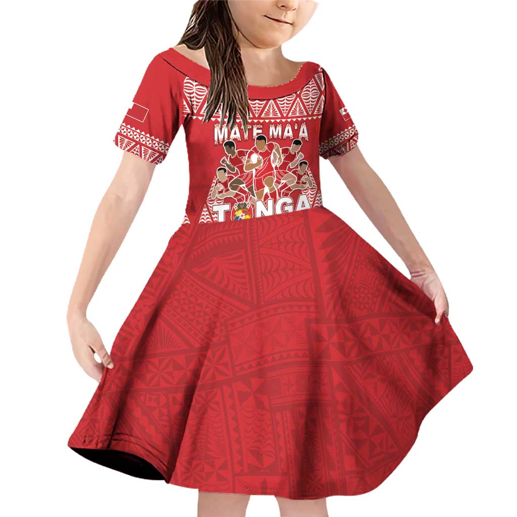 Custom Tonga Rugby Family Matching Off Shoulder Short Dress and Hawaiian Shirt Tonga Mate Ma'a Take The Lead LT05 Daughter's Dress Red - Polynesian Pride