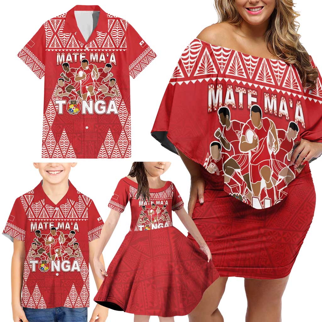 Custom Tonga Rugby Family Matching Off Shoulder Short Dress and Hawaiian Shirt Tonga Mate Ma'a Take The Lead LT05 - Polynesian Pride