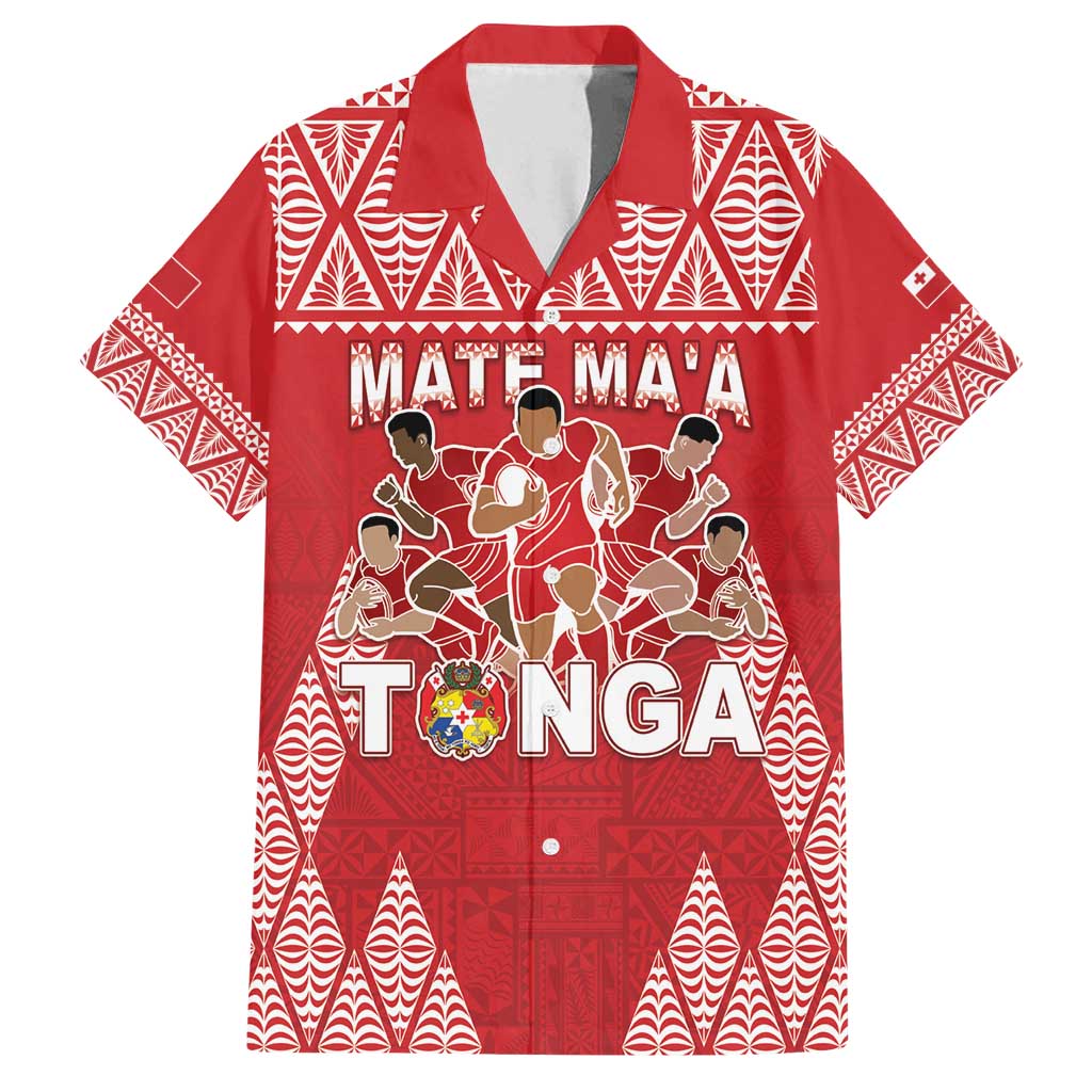 Custom Tonga Rugby Family Matching Off Shoulder Short Dress and Hawaiian Shirt Tonga Mate Ma'a Take The Lead LT05 Dad's Shirt - Short Sleeve Red - Polynesian Pride