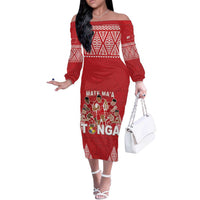 Custom Tonga Rugby Off The Shoulder Long Sleeve Dress Tonga Mate Ma'a Take The Lead LT05 Women Red - Polynesian Pride