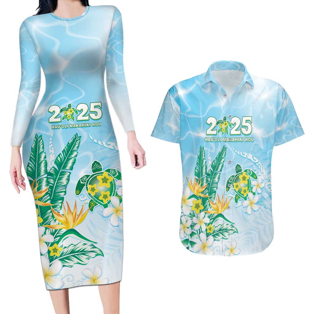 Personalised 2025 Aloha Hawaii Couples Matching Long Sleeve Bodycon Dress and Hawaiian Shirt Tropical Flowers And Honu LT05 Blue - Polynesian Pride