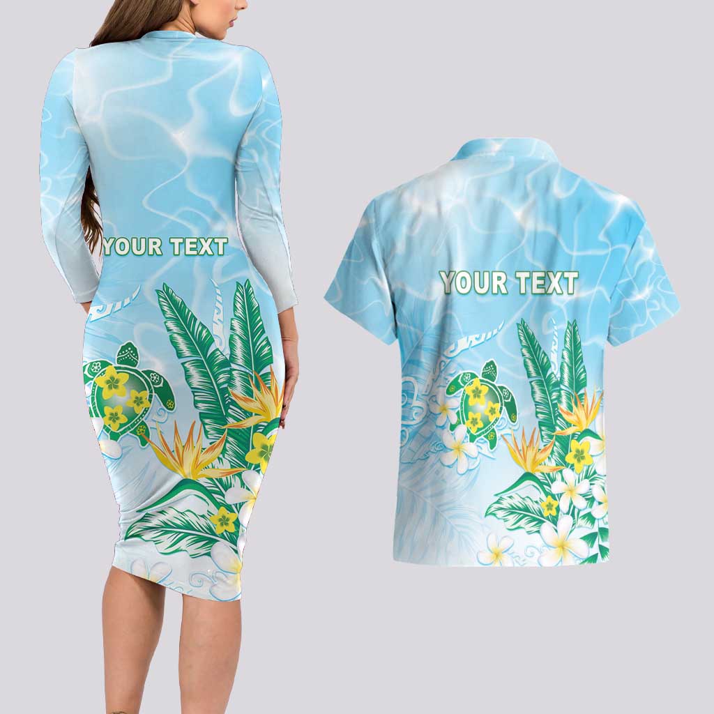 Personalised 2025 Aloha Hawaii Couples Matching Long Sleeve Bodycon Dress and Hawaiian Shirt Tropical Flowers And Honu LT05 - Polynesian Pride