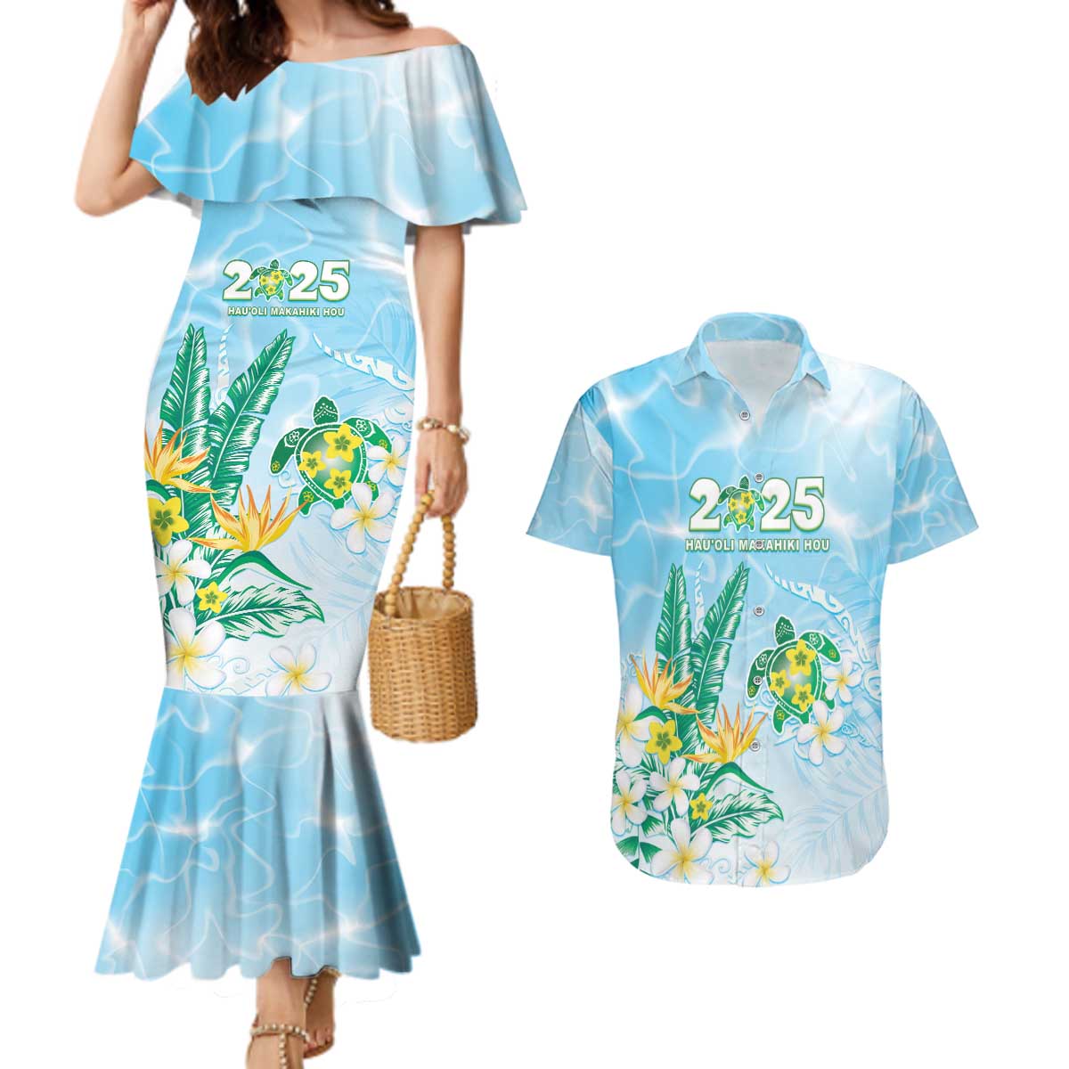 Personalised 2025 Aloha Hawaii Couples Matching Mermaid Dress and Hawaiian Shirt Tropical Flowers And Honu LT05 Blue - Polynesian Pride