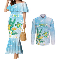 Personalised 2025 Aloha Hawaii Couples Matching Mermaid Dress and Long Sleeve Button Shirt Tropical Flowers And Honu LT05 Blue - Polynesian Pride