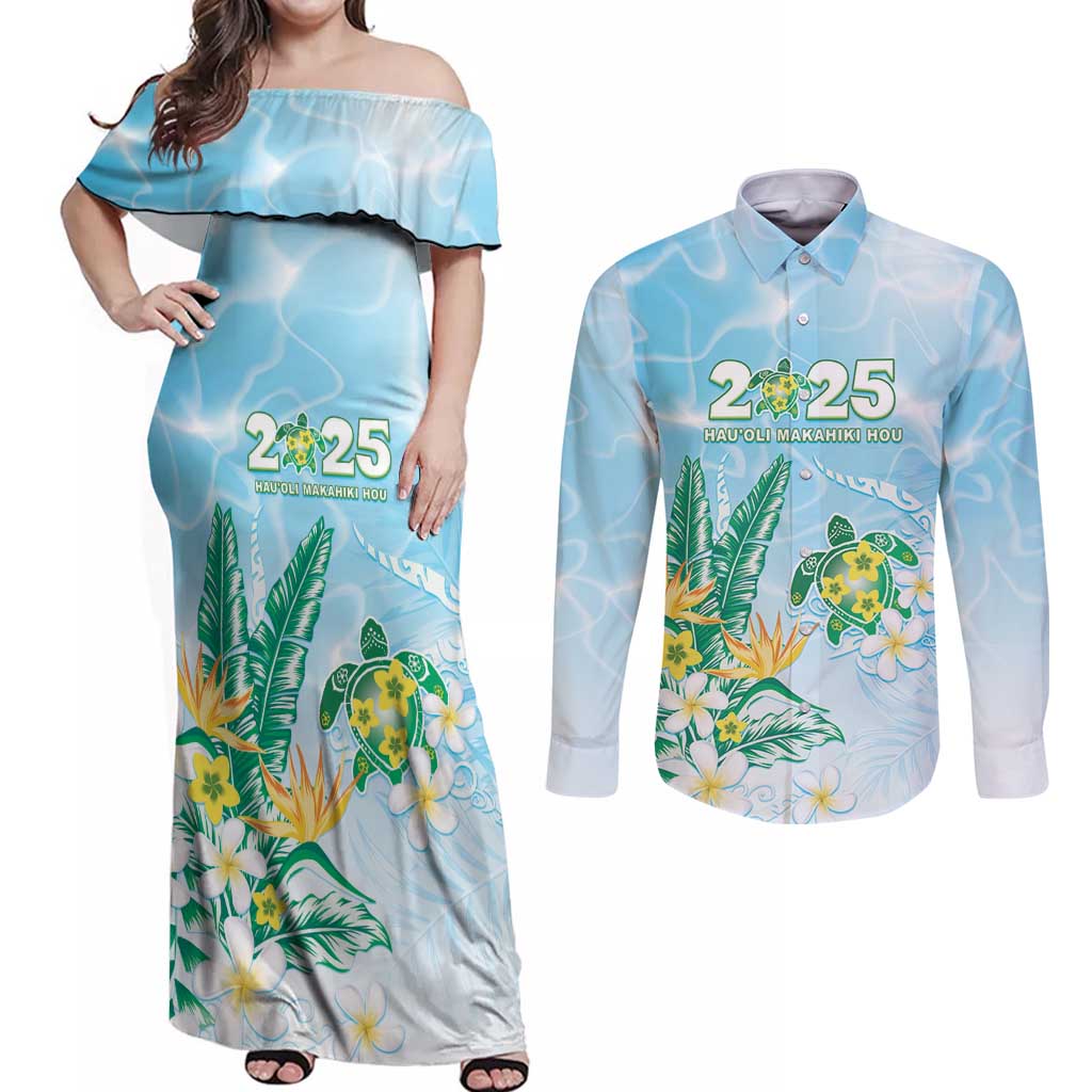 Personalised 2025 Aloha Hawaii Couples Matching Off Shoulder Maxi Dress and Long Sleeve Button Shirt Tropical Flowers And Honu LT05 Blue - Polynesian Pride