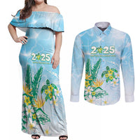 Personalised 2025 Aloha Hawaii Couples Matching Off Shoulder Maxi Dress and Long Sleeve Button Shirt Tropical Flowers And Honu LT05 Blue - Polynesian Pride