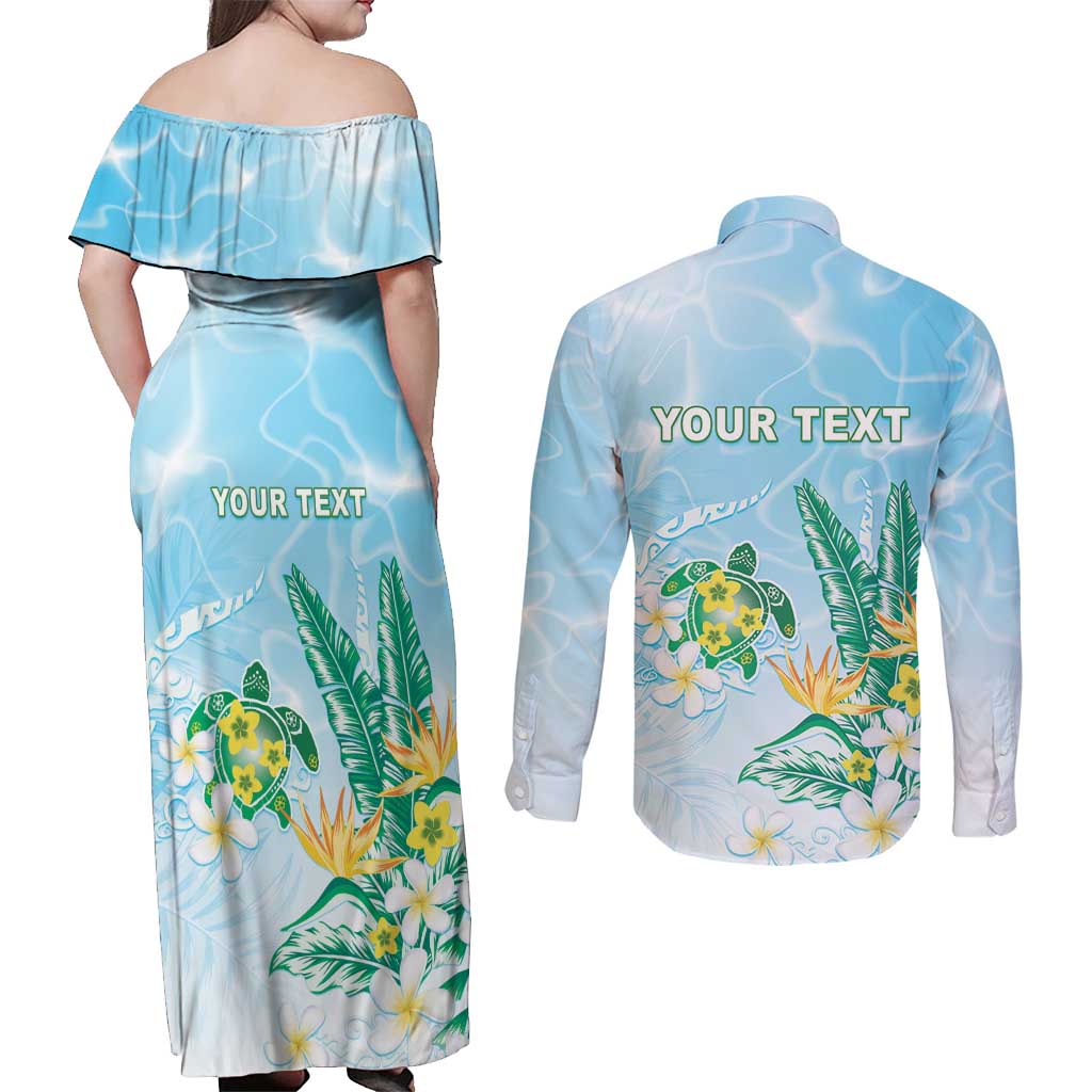 Personalised 2025 Aloha Hawaii Couples Matching Off Shoulder Maxi Dress and Long Sleeve Button Shirt Tropical Flowers And Honu LT05 - Polynesian Pride