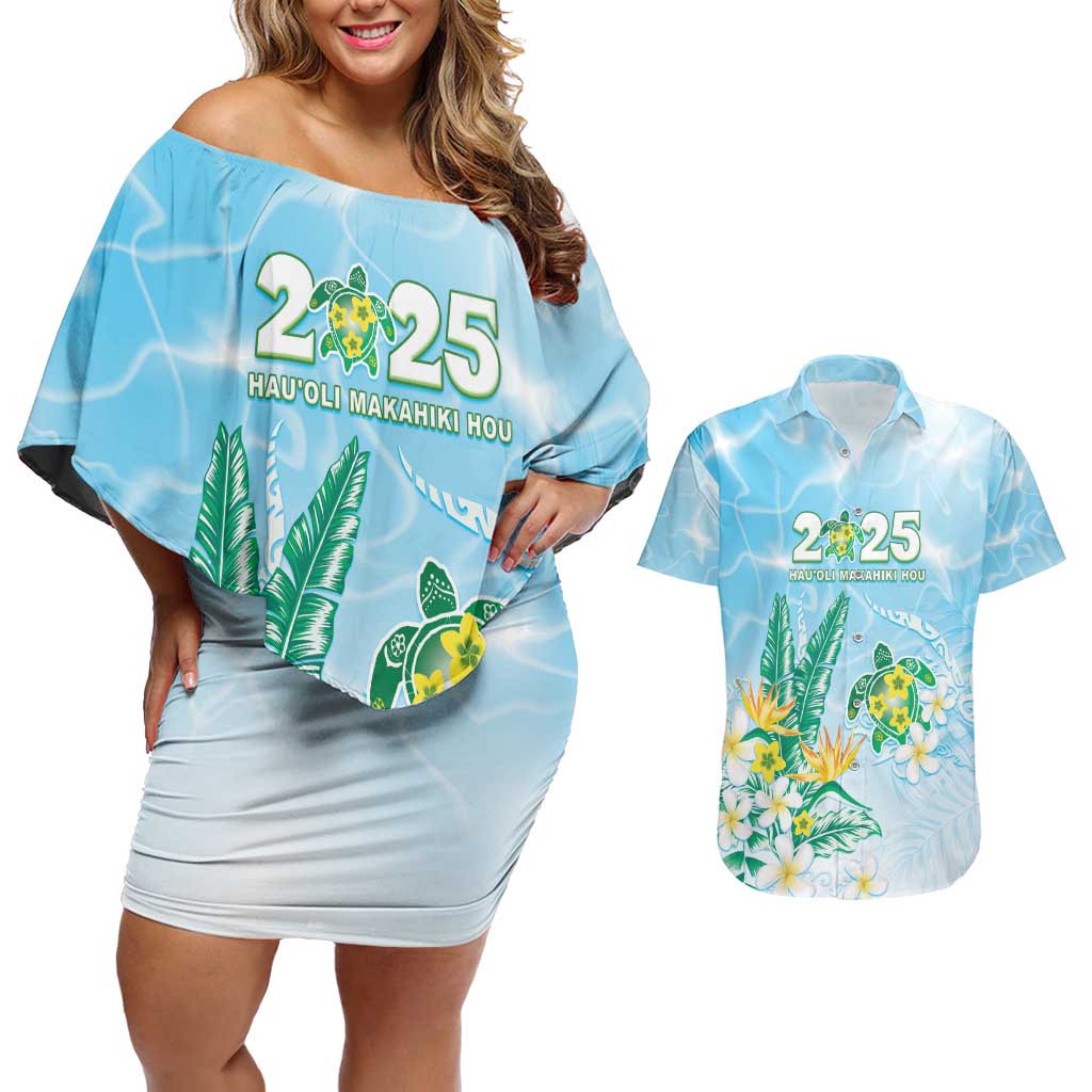 Personalised 2025 Aloha Hawaii Couples Matching Off Shoulder Short Dress and Hawaiian Shirt Tropical Flowers And Honu LT05 Blue - Polynesian Pride