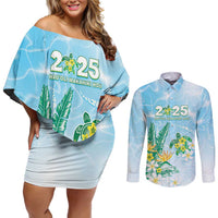Personalised 2025 Aloha Hawaii Couples Matching Off Shoulder Short Dress and Long Sleeve Button Shirt Tropical Flowers And Honu LT05 Blue - Polynesian Pride