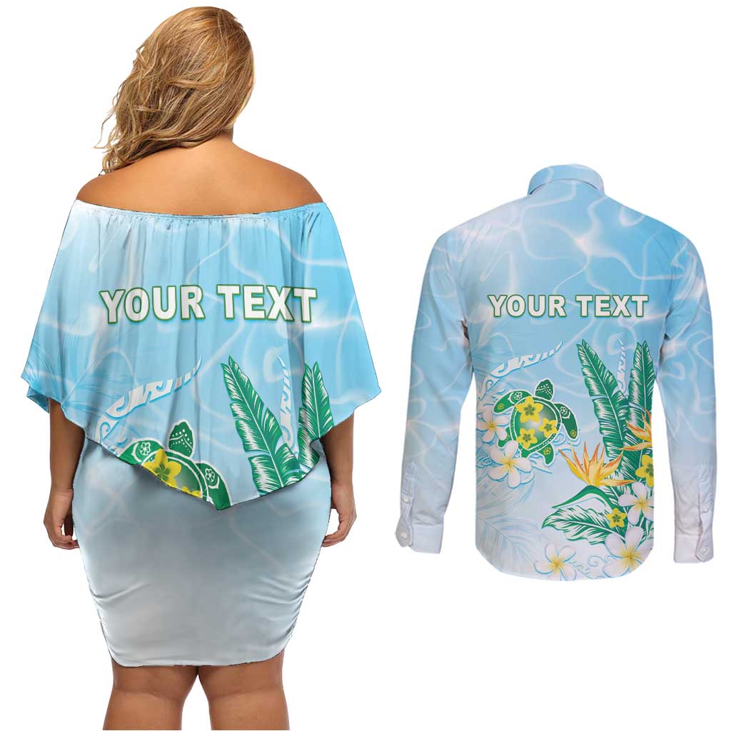 Personalised 2025 Aloha Hawaii Couples Matching Off Shoulder Short Dress and Long Sleeve Button Shirt Tropical Flowers And Honu LT05 - Polynesian Pride