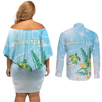 Personalised 2025 Aloha Hawaii Couples Matching Off Shoulder Short Dress and Long Sleeve Button Shirt Tropical Flowers And Honu LT05 - Polynesian Pride