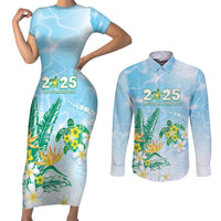Personalised 2025 Aloha Hawaii Couples Matching Short Sleeve Bodycon Dress and Long Sleeve Button Shirt Tropical Flowers And Honu LT05 Blue - Polynesian Pride