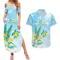 Personalised 2025 Aloha Hawaii Couples Matching Summer Maxi Dress and Hawaiian Shirt Tropical Flowers And Honu LT05 Blue - Polynesian Pride