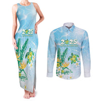Personalised 2025 Aloha Hawaii Couples Matching Tank Maxi Dress and Long Sleeve Button Shirt Tropical Flowers And Honu LT05 Blue - Polynesian Pride