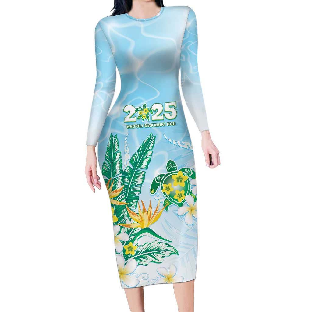 Personalised 2025 Aloha Hawaii Family Matching Long Sleeve Bodycon Dress and Hawaiian Shirt Tropical Flowers And Honu LT05 Mom's Dress Blue - Polynesian Pride