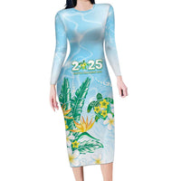 Personalised 2025 Aloha Hawaii Family Matching Long Sleeve Bodycon Dress and Hawaiian Shirt Tropical Flowers And Honu LT05 Mom's Dress Blue - Polynesian Pride