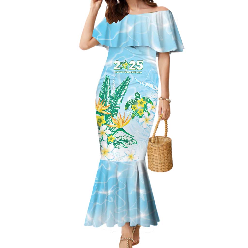 Personalised 2025 Aloha Hawaii Family Matching Mermaid Dress and Hawaiian Shirt Tropical Flowers And Honu LT05 Mom's Dress Blue - Polynesian Pride