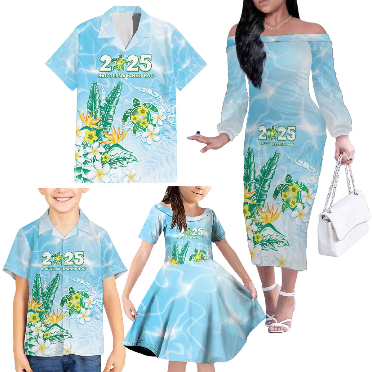 Personalised 2025 Aloha Hawaii Family Matching Off The Shoulder Long Sleeve Dress and Hawaiian Shirt Tropical Flowers And Honu LT05 - Polynesian Pride