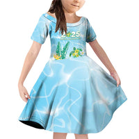 Personalised 2025 Aloha Hawaii Family Matching Off Shoulder Short Dress and Hawaiian Shirt Tropical Flowers And Honu LT05 Daughter's Dress Blue - Polynesian Pride