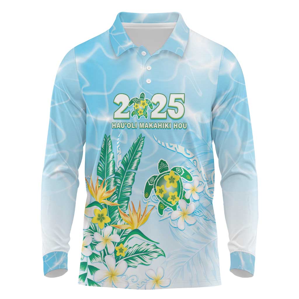 Personalised 2025 Aloha Hawaii Long Sleeve Polo Shirt Tropical Flowers And Honu LT05 Blue - Polynesian Pride
