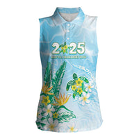 Personalised 2025 Aloha Hawaii Women Sleeveless Polo Shirt Tropical Flowers And Honu LT05 Female Blue - Polynesian Pride