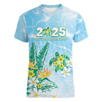 Personalised 2025 Aloha Hawaii Women V-Neck T-Shirt Tropical Flowers And Honu LT05 Female Blue - Polynesian Pride
