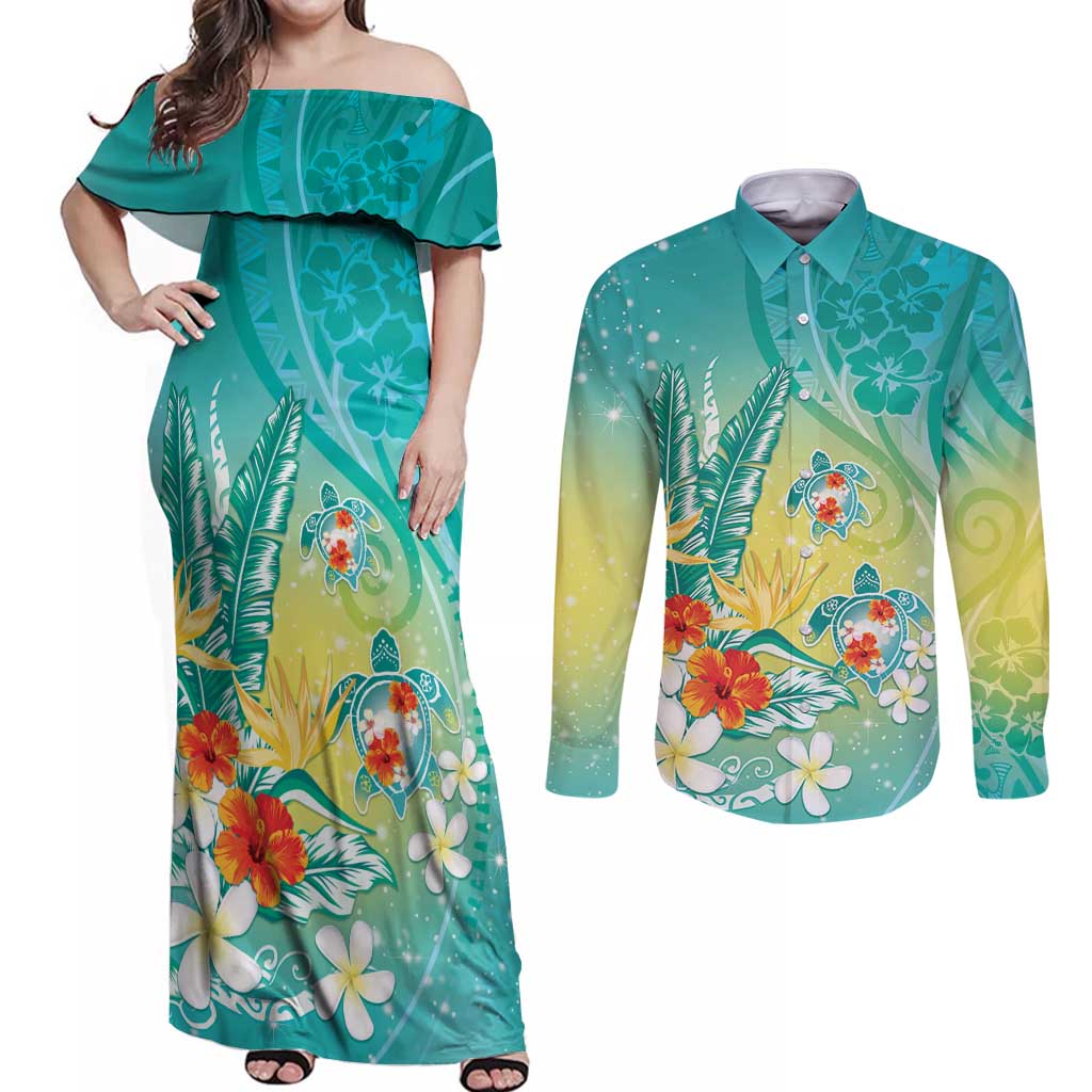 Hawaii Honu Couples Matching Off Shoulder Maxi Dress and Long Sleeve Button Shirt Tropical Flowers Turquoise Gradient LT05 Turquoise - Polynesian Pride
