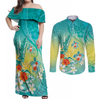 Hawaii Honu Couples Matching Off Shoulder Maxi Dress and Long Sleeve Button Shirt Tropical Flowers Turquoise Gradient LT05 Turquoise - Polynesian Pride