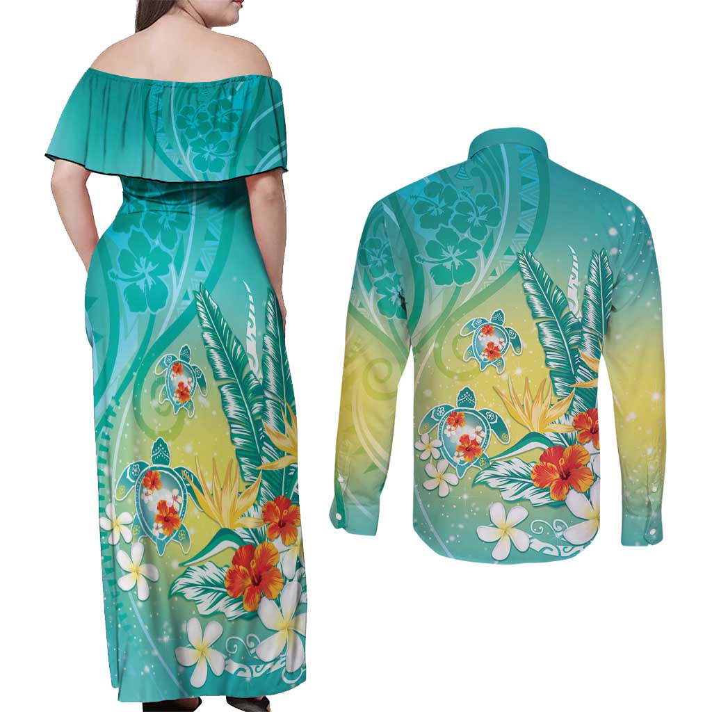 Hawaii Honu Couples Matching Off Shoulder Maxi Dress and Long Sleeve Button Shirt Tropical Flowers Turquoise Gradient LT05 - Polynesian Pride