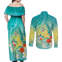 Hawaii Honu Couples Matching Off Shoulder Maxi Dress and Long Sleeve Button Shirt Tropical Flowers Turquoise Gradient LT05 - Polynesian Pride