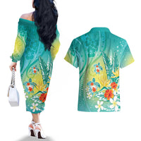 Hawaii Honu Couples Matching Off The Shoulder Long Sleeve Dress and Hawaiian Shirt Tropical Flowers Turquoise Gradient LT05 - Polynesian Pride