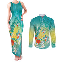 Hawaii Honu Couples Matching Tank Maxi Dress and Long Sleeve Button Shirt - Tropical Flowers Turquoise Gradient LT05 Turquoise - Polynesian Pride
