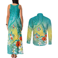 Hawaii Honu Couples Matching Tank Maxi Dress and Long Sleeve Button Shirt - Tropical Flowers Turquoise Gradient LT05 - Polynesian Pride