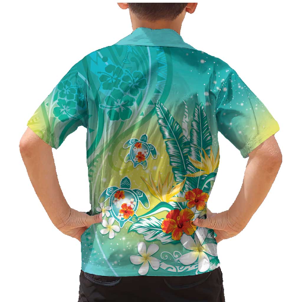 Hawaii Honu Family Matching Mermaid Dress and Hawaiian Shirt Tropical Flowers Turquoise Gradient LT05 - Polynesian Pride