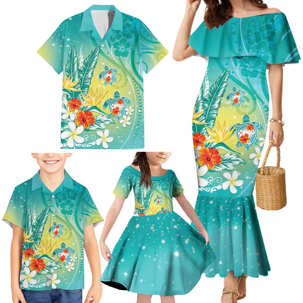 Hawaii Honu Family Matching Mermaid Dress and Hawaiian Shirt Tropical Flowers Turquoise Gradient LT05 - Polynesian Pride