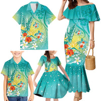 Hawaii Honu Family Matching Mermaid Dress and Hawaiian Shirt Tropical Flowers Turquoise Gradient LT05 - Polynesian Pride
