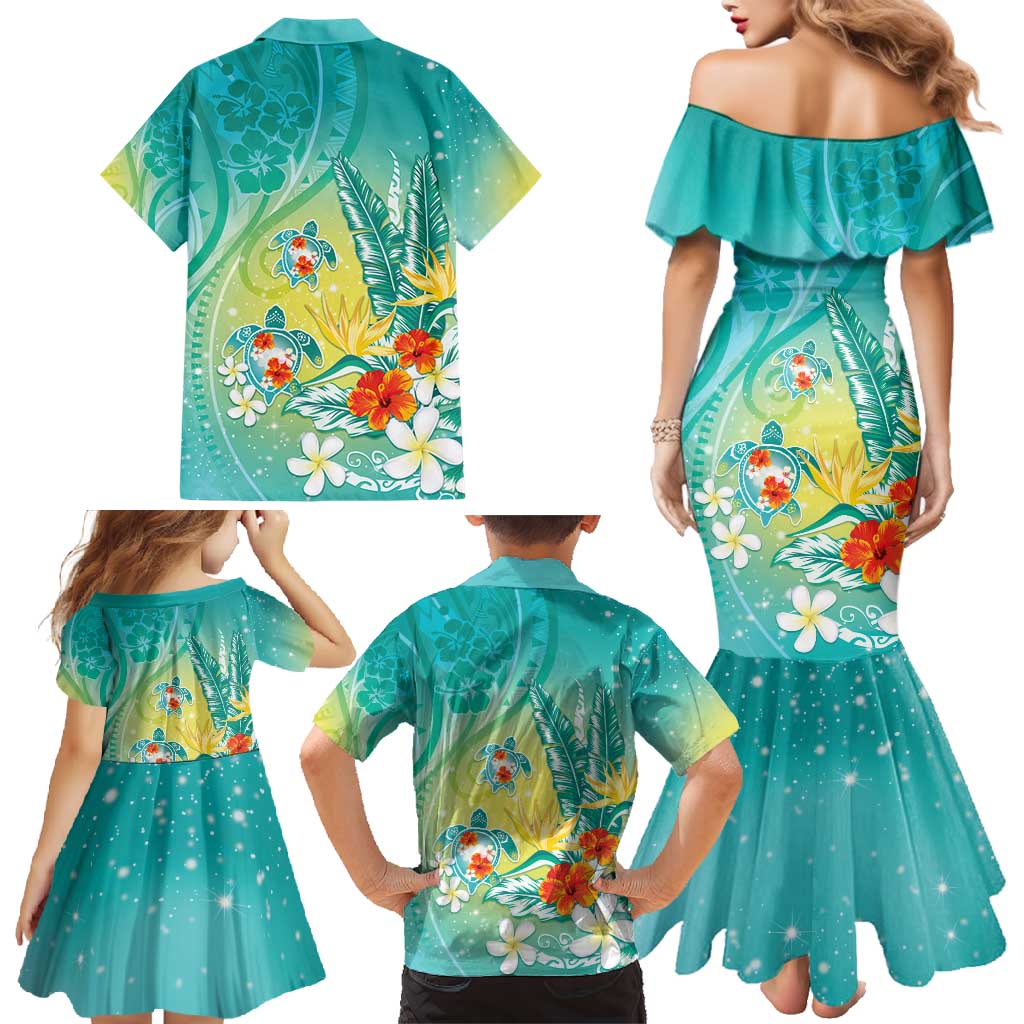 Hawaii Honu Family Matching Mermaid Dress and Hawaiian Shirt Tropical Flowers Turquoise Gradient LT05 - Polynesian Pride