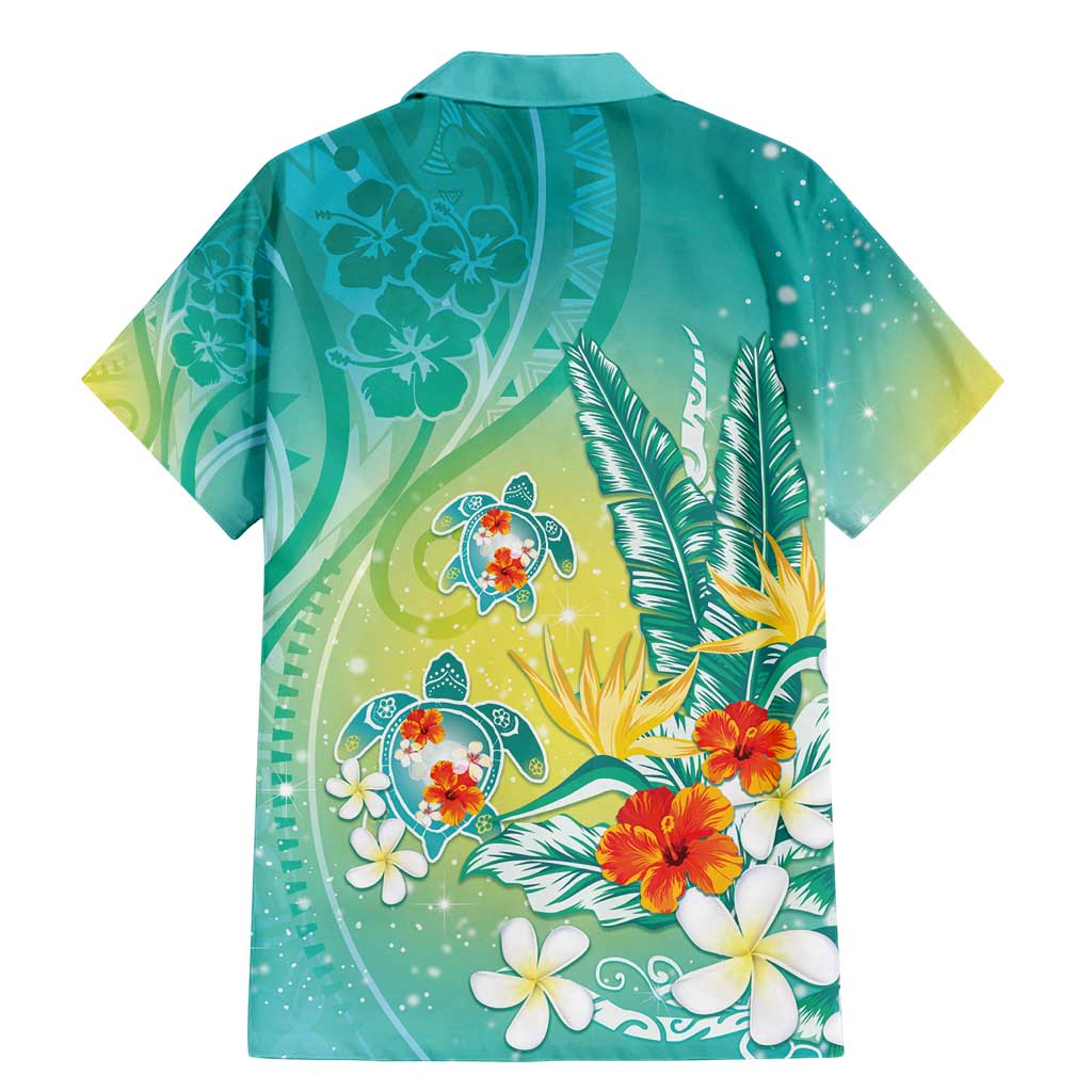 Hawaii Honu Family Matching Mermaid Dress and Hawaiian Shirt Tropical Flowers Turquoise Gradient LT05 - Polynesian Pride