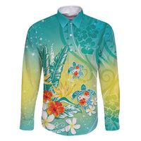 Hawaii Honu Family Matching Mermaid Dress and Hawaiian Shirt Tropical Flowers Turquoise Gradient LT05 Dad's Shirt - Long Sleeve Turquoise - Polynesian Pride